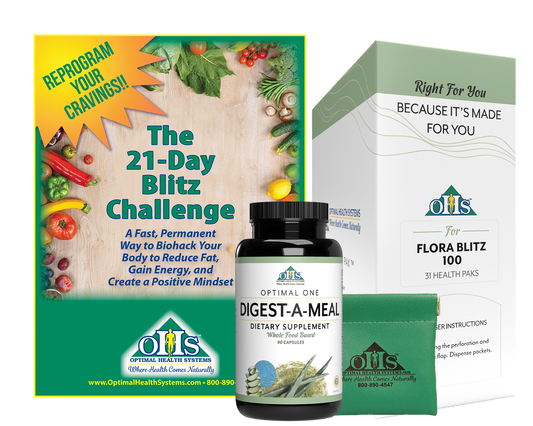 Image of the 21-Day Blitz Challenge book, a bottle of Digest-A-Meal, a supplement pouch, and an Flora Blit 100 Pak.