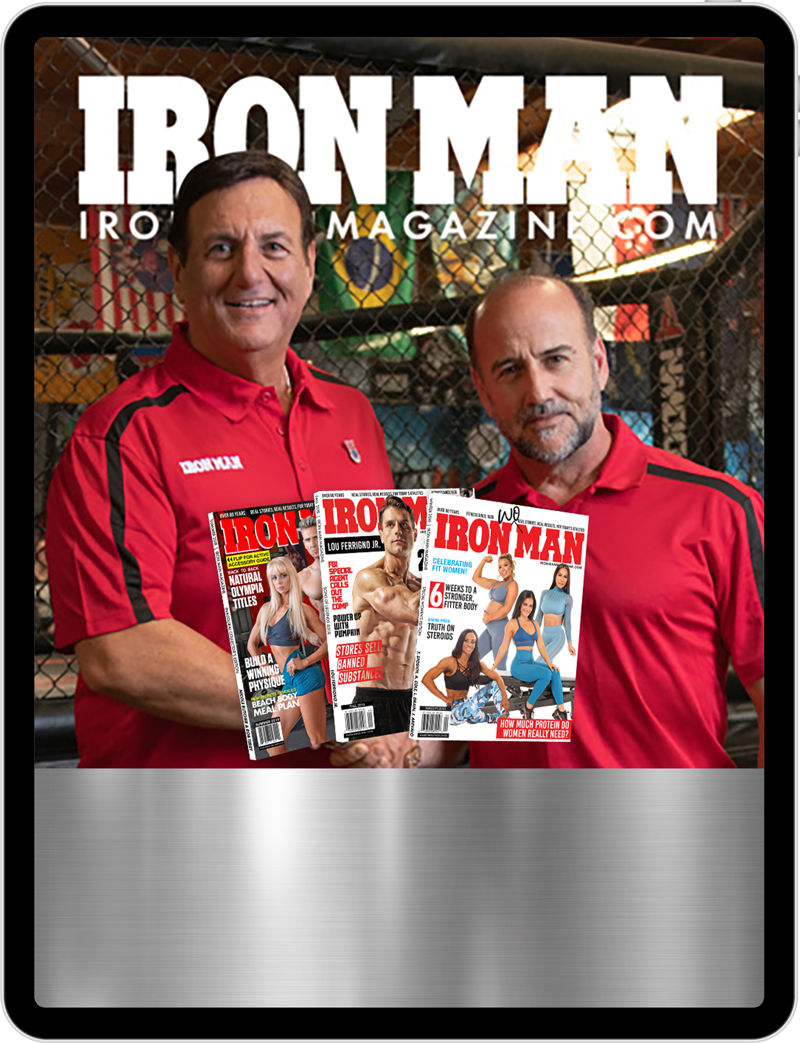 Image of an ipad with an Ironman Magazine ad.