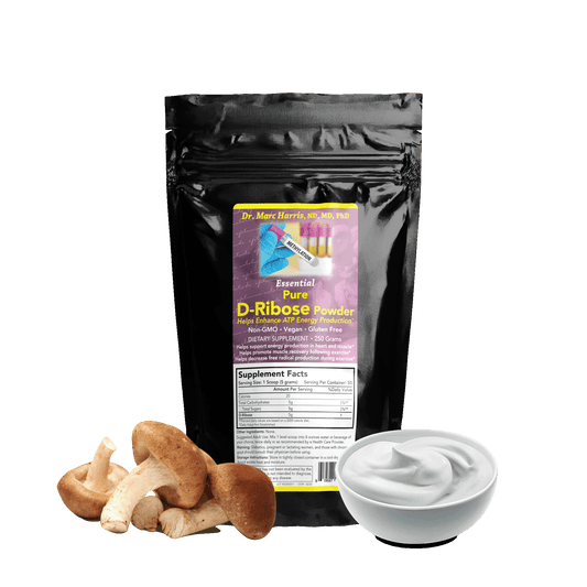 Image of a Bag of Essentials D-Ribose Powder. Around the bag are mushrooms and yogurt.