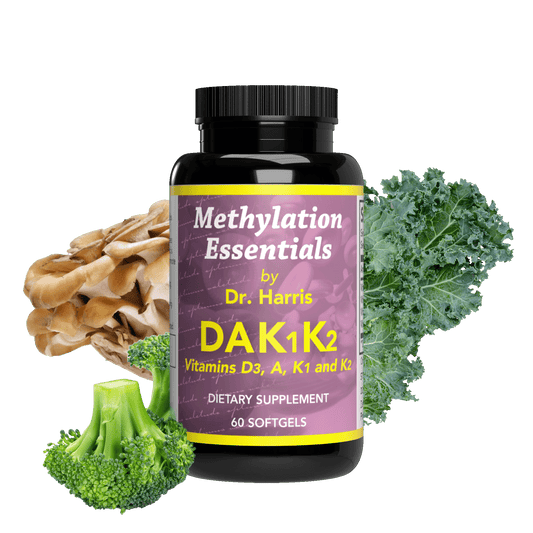 Image of a bottle of Essentials DAK1K2. Around the bottle are broccoli, kale, and mushrooms.