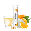 Image of a toub of Essentials Glutathione with electrolyte tablets. Around the toub are glutathione powder, oranges, glutathione tables, and a glass with a dissolving tablet inside.