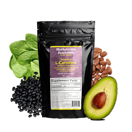 Image of a Bag of Essentials L-Carnitine Powder. Around the bag are avocados, spinach, black and brown beans.