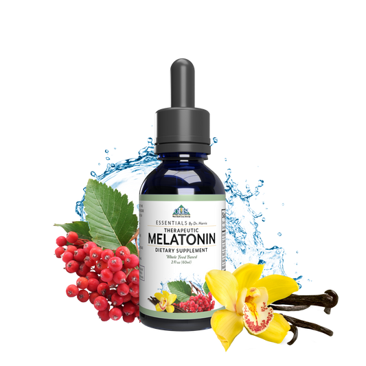 Image of a dropper bottle of Essential Therapeutic melatonin. Around the bottle are water, vanilla beans, and hawthorn berries.