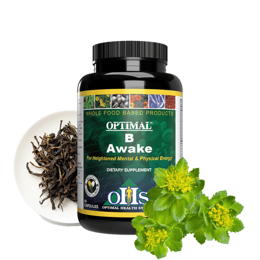 Image of a bottle of Optimal B Awake with Green tea leaves and Rhodiola Rosea.