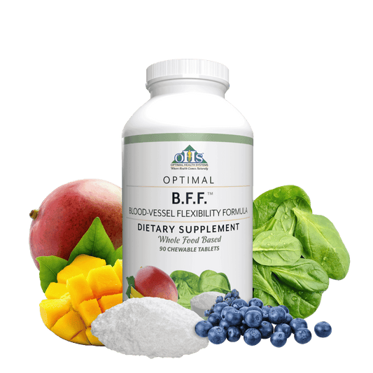 Image of a bottle of Optimal B.F.F. with mango, spinach, blueberries, and creatine nitrate powder.