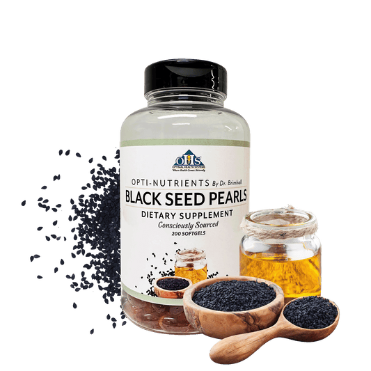 Image of a bottle of Opti Black Seed Pearls. Around the bottle are black seeds and a jar of black seed oil.