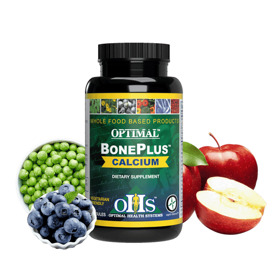Image of a bottle of Optimal BonePlus Calcium with a bowl of peas, a bowl of blueberries, and 3 apples around the bottle.