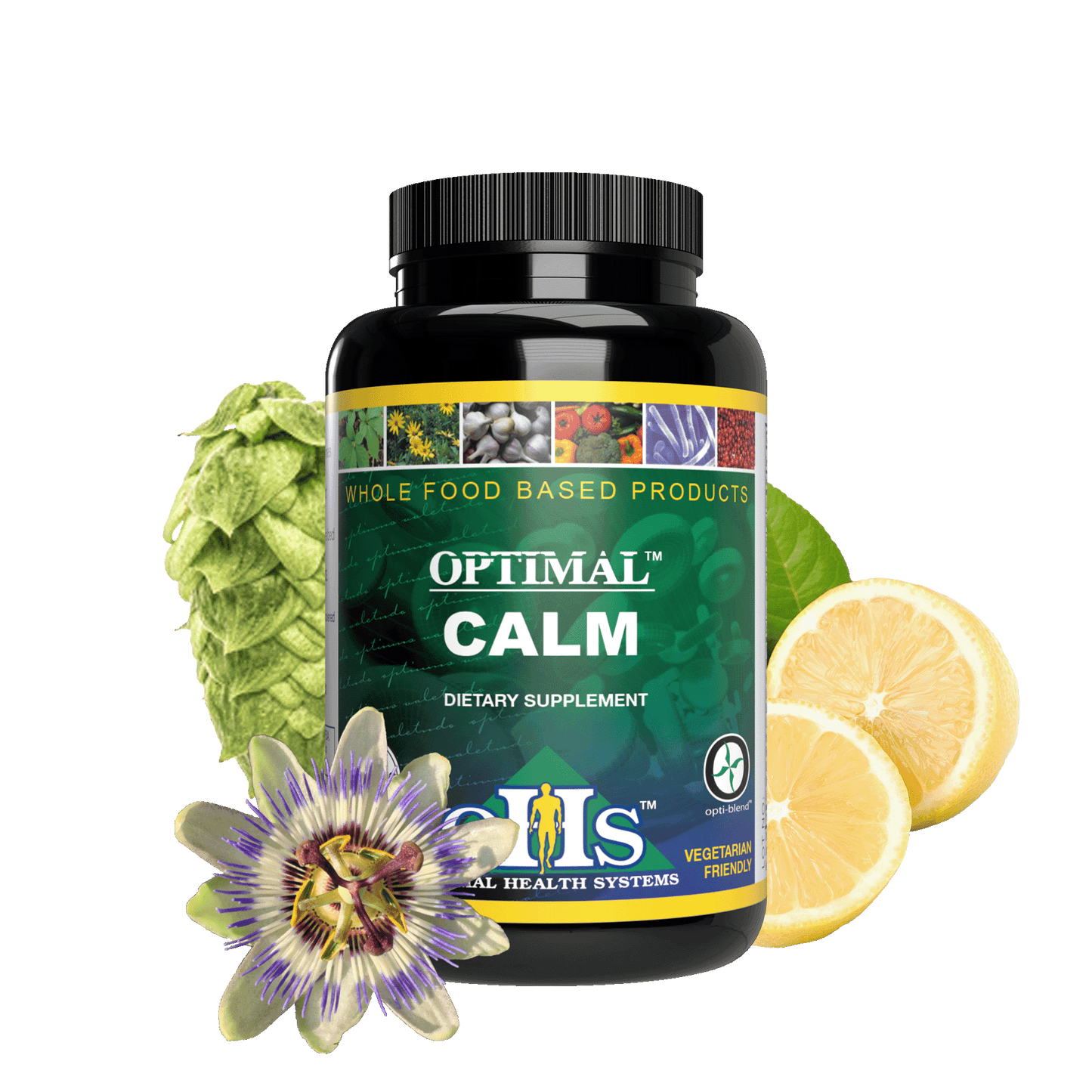 Image of a bottle of Optimal Calm with hops, sliced lemons, and passiflora flower.