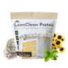 Image of a bag of Optimal LeanClean Protein Grass-Fed Whey + Collagen. Around the bag are sunflowers, stevia leaves, and whey protein.