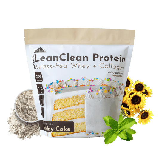 Image of a bag of Optimal LeanClean Protein Grass-Fed Whey + Collagen. Around the bag are sunflowers, stevia leaves, and whey protein.