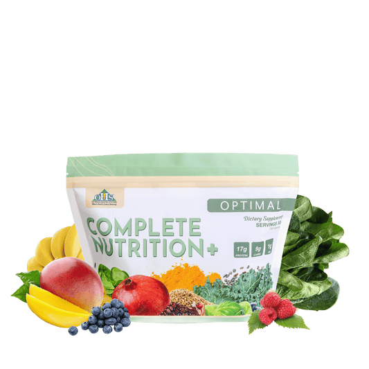 Image of a bag of Optimal Complete Nutrition Plus. around the bag is a blueberry, some mangos, spinach, bananas, Mango, and raspberries