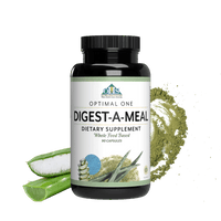 Image of a bottle of Optimal One Digest-A-Meal with Aloe and plant enzymes behind the bottle.