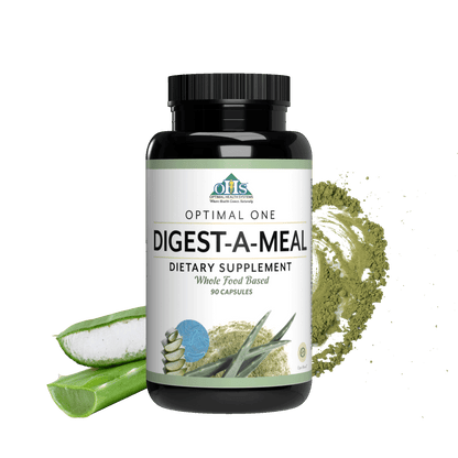 Image of a bottle of Optimal One Digest-A-Meal with Aloe and plant enzymes behind the bottle.