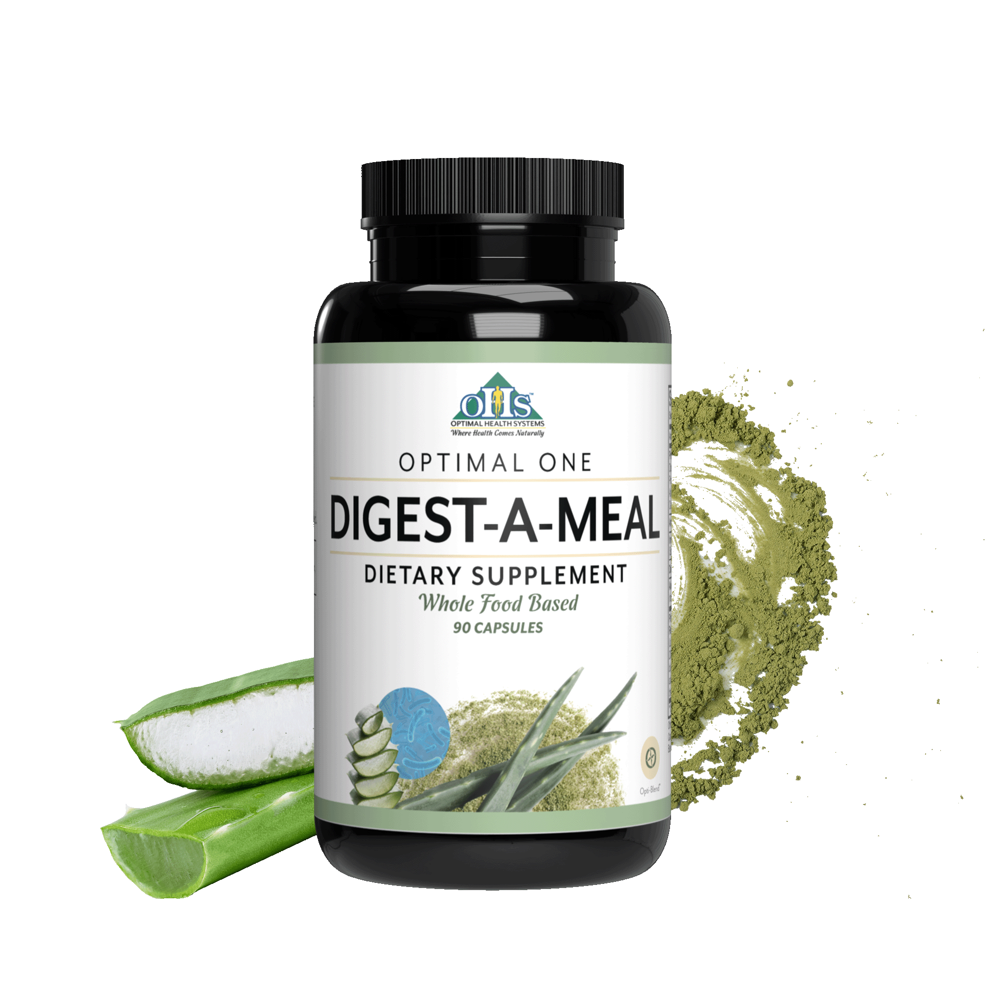 Image of a bottle of Optimal One Digest-A-Meal with aloe and enzymes behind it.