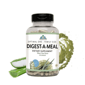 Image of a bottle of Optimal One Digest-A-Meal Family size with Aloe and plant enzymes behind the bottle.