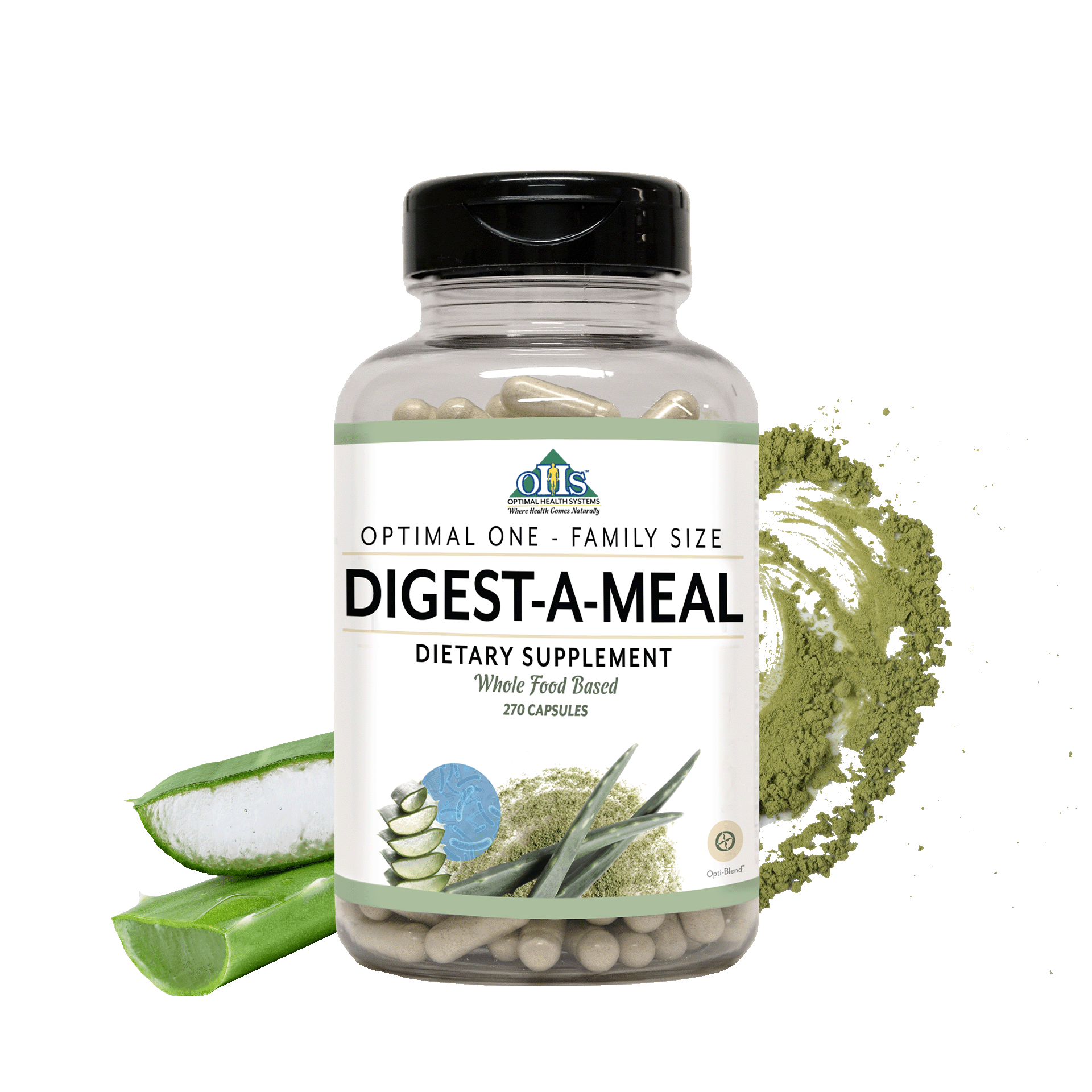 Image of a bottle of Optimal One Digest-A-Meal Family size with Aloe and plant enzymes behind the bottle.