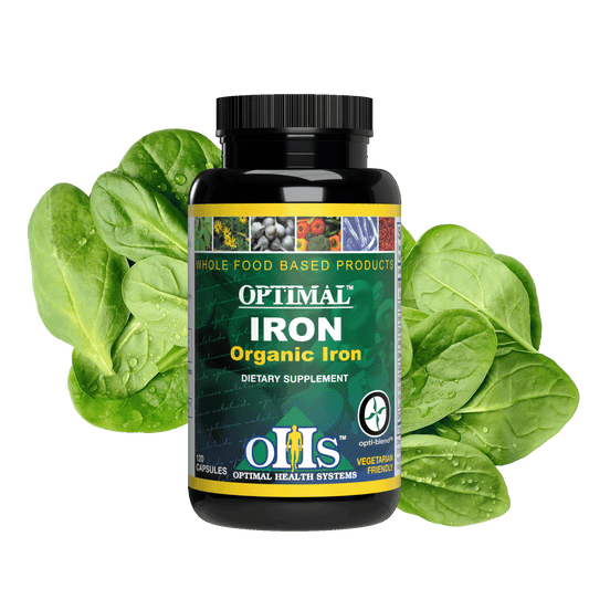 Image of a bottle of Optimal Iron with spinach leaves behind the bottle.