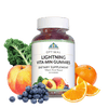 Image of a bottle of Optimal Lightning Vita-Min Gummies; around the bottle is a pile of blueberries, some oranges and orange slices, a peach, and a leaf of kale.