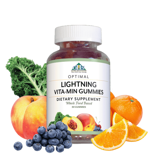 Image of a bottle of Optimal Lightning Vita-Min Gummies; around the bottle is a pile of blueberries, some oranges and orange slices, a peach, and a leaf of kale.