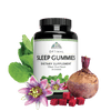 Image of a bottle of Optimal Sleep gummies; around the bottle, is some spinach, beet, and passiflora flowers.
