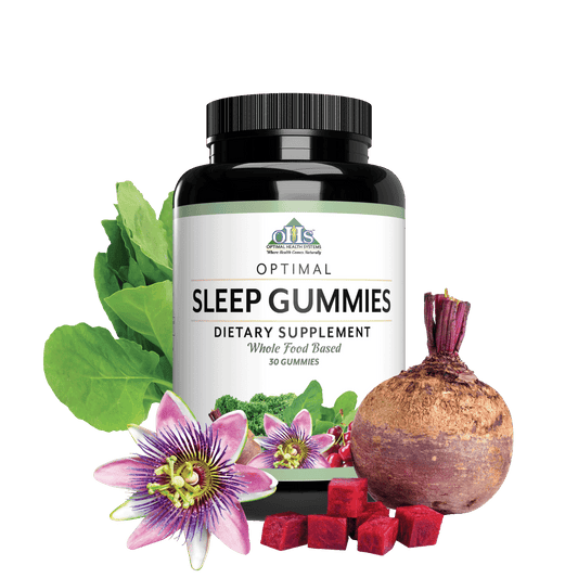 Image of a bottle of Optimal Sleep gummies; around the bottle, is some spinach, beet, and passiflora flowers.
