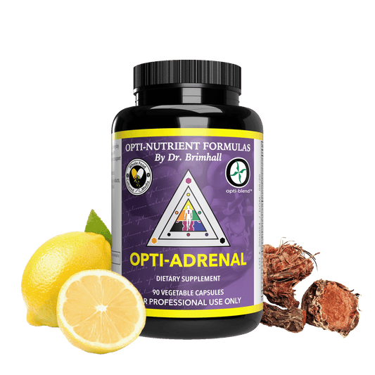 Image of a bottle of Opti-Nutrients Opti-Adrenal. with lemon and rhodiola root.