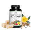 Image of a bottle of Optimal Opti-Female; around the Bottle are Mexican Wild Yam Root, Damiana Leaf, and Dong Quai Root.