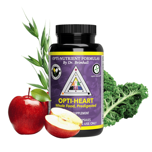 Image of a bottle of Opti-Nutrients Opti-Heart. around the bottle is kale, apples, and barley grass.