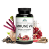 Image of a bottle of Opti-Nutrients Immune VRL. Around the bottle is beat, pomegranate, licorice root, green tea, and opti blend powder.
