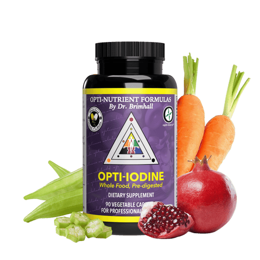 Image of a bottle of Opti-Nutrients Opti-Iodine. In the image is a pomegranate, some carrots, and okra.