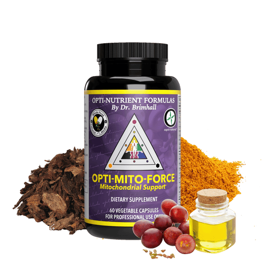 Image of a bottle of Opti-Nutrients Opti-Mito-Force. Around the bottle are Red grapes, grape seeds, and grapeseed oil. Some turmeric powder and pine bark.