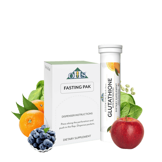 Image of Optimal Fasting Pak next to a tube of Glutathione with electrolytes. Around the products are some oranges, spinach, lima beans, blueberries, and an apple.