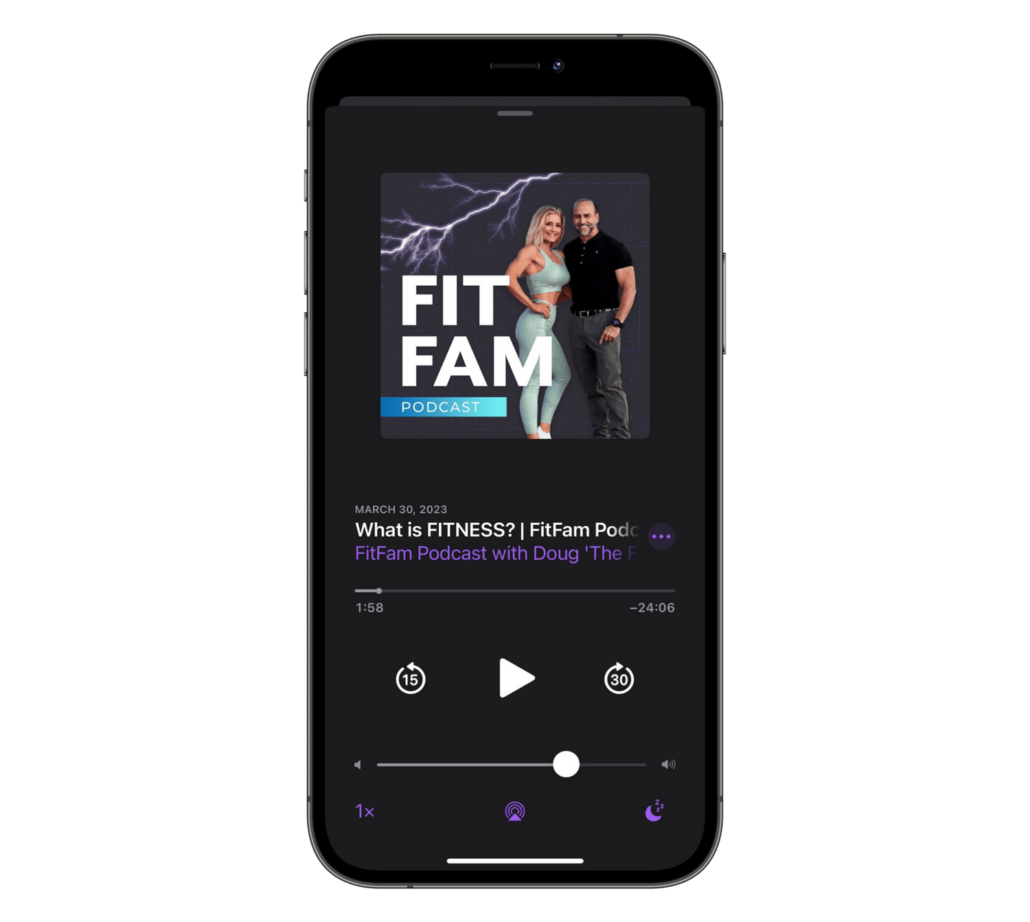 Image of a phone with the FitFam podcast playing.