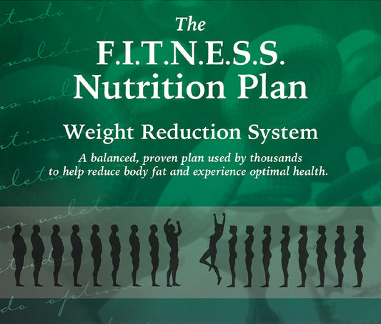 The image has a green background with decorative cursive and blood cells overlaid on top. The text on the image reads, "The F.I.T.N.E.S.S. Nutrition Plan. Weight Reduction System. A balanced, provan plan used by thousands to help reduce body fat and experience optimal health." Fitness Nutrition Plan