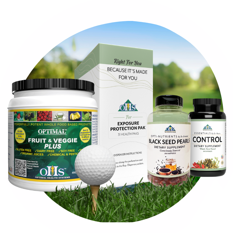 Image of Optimal Fruit and Veggie, Exposure Protection Pak, Essentials Control, and Opti Black Seed Pearls on a golf course with a golf ball in front of the products.