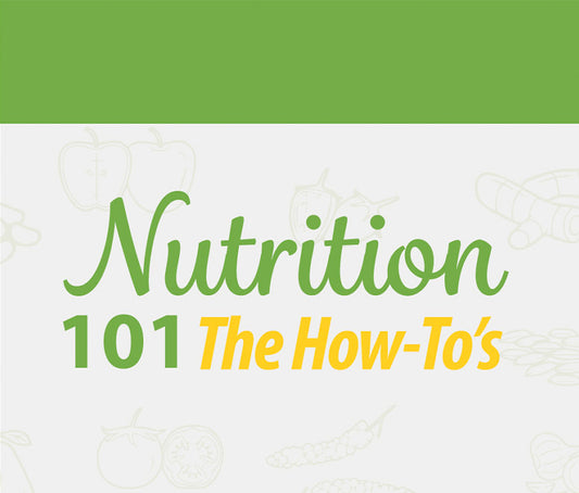 The image depicts the top half of OHS's Nutrition 101 The How-To's. The image has a green bar on the top and a light gray background with images of fruit and vegetables outlined. In front of the gray background is the text "Nutrition 101 The How-To's" in green and yellow. Nutrition 101