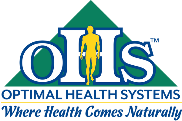 Optimal Health Systems logo, depicting the letters "O," "H," and "S" in front of a green triangle with a yellow man walking forward in front. The text "OPTIMAL HEALTH SYSTEM - Where Health Comes Naturally is shown under the icon of the logo.