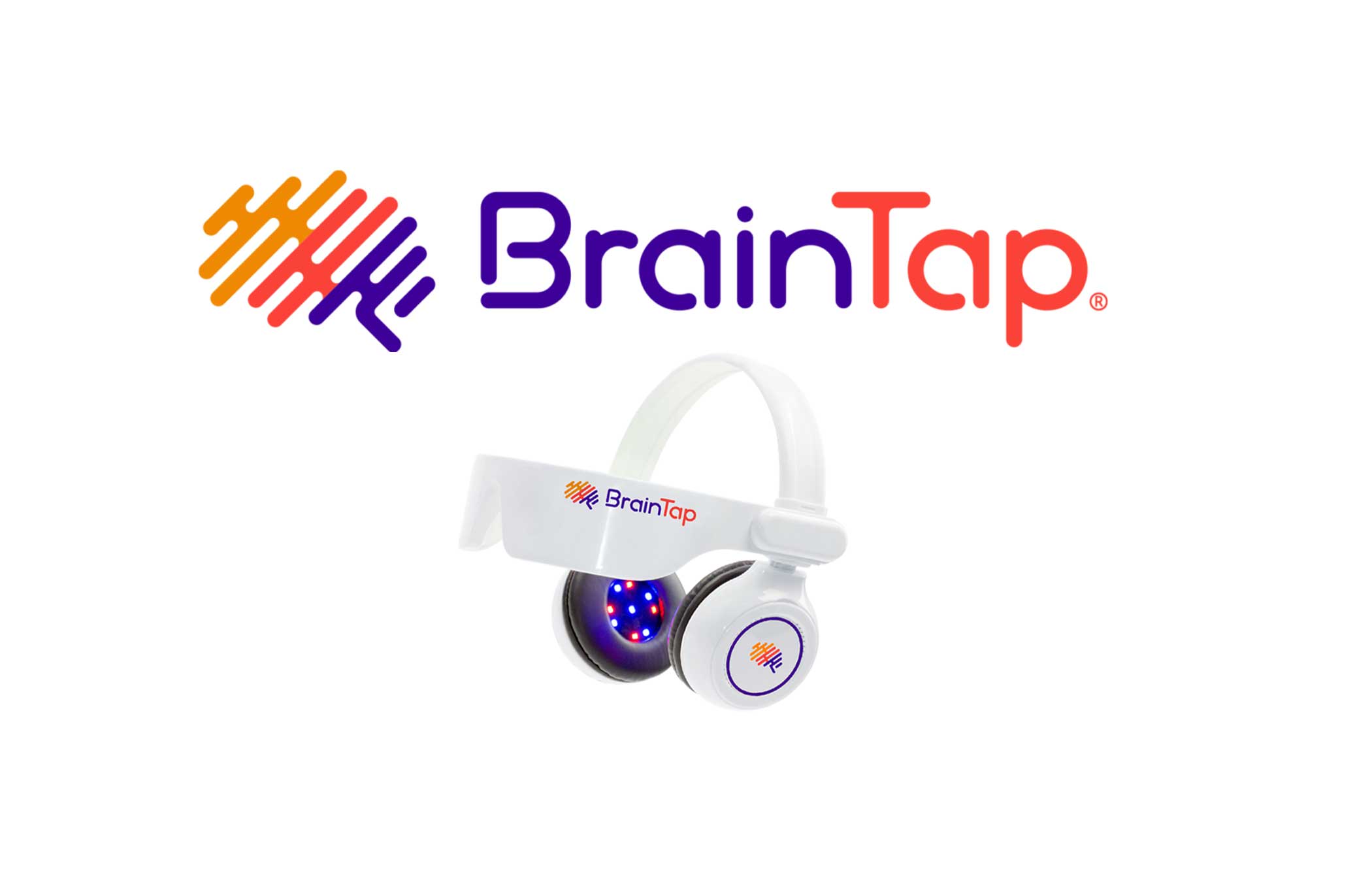 The image shows the Braintap logo depicting a brain made out of diagonal lines colored from orange to red and then purple, followed by the text "Brain Tap" in red and purple. Under the text is an image of a braintap headset in white.