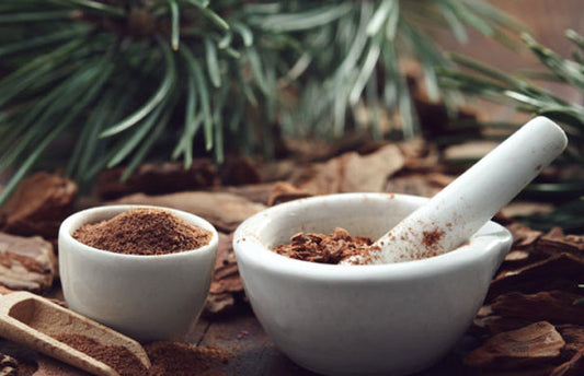 Mortars Of Powdered Pine Bark, Dry Pine Bark On Wooden Board. Br