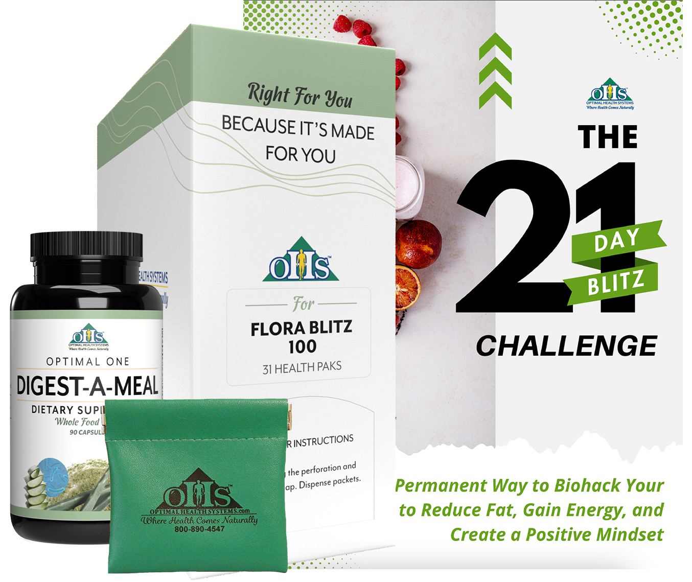 Image of the 21-Day Blitz Challenge book, a bottle of Digest-A-Meal, a supplement pouch, and an Flora Blit 100 Pak.