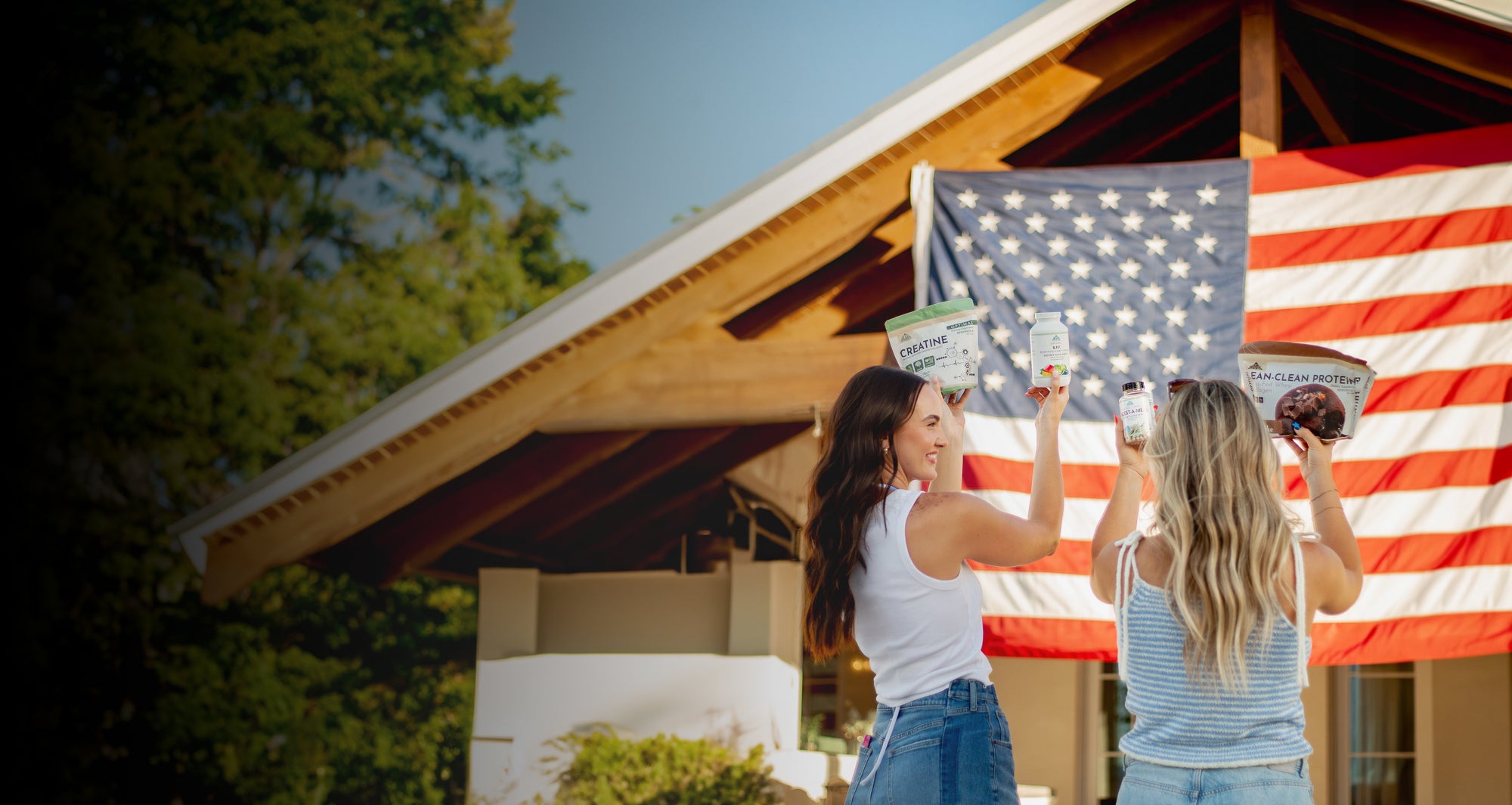 Banner Photo Of Women Holding OHS Product With American Flag Background