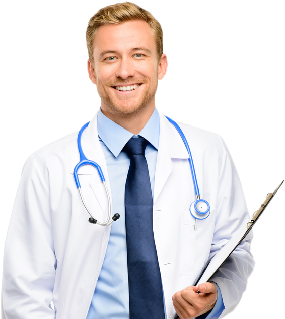 A picture of a happy doctor with a clipboard and stethoscope.