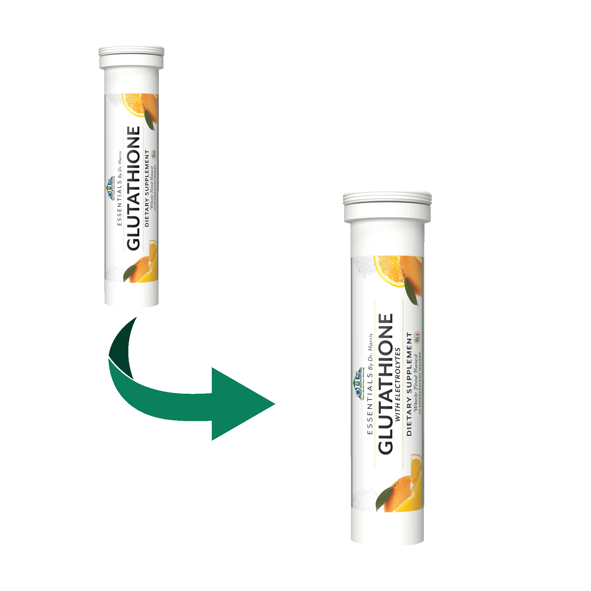 Image of a Tube of Essentials Glutathione with a green arrow pointing to its new label mentioning that it has Electrolytes.