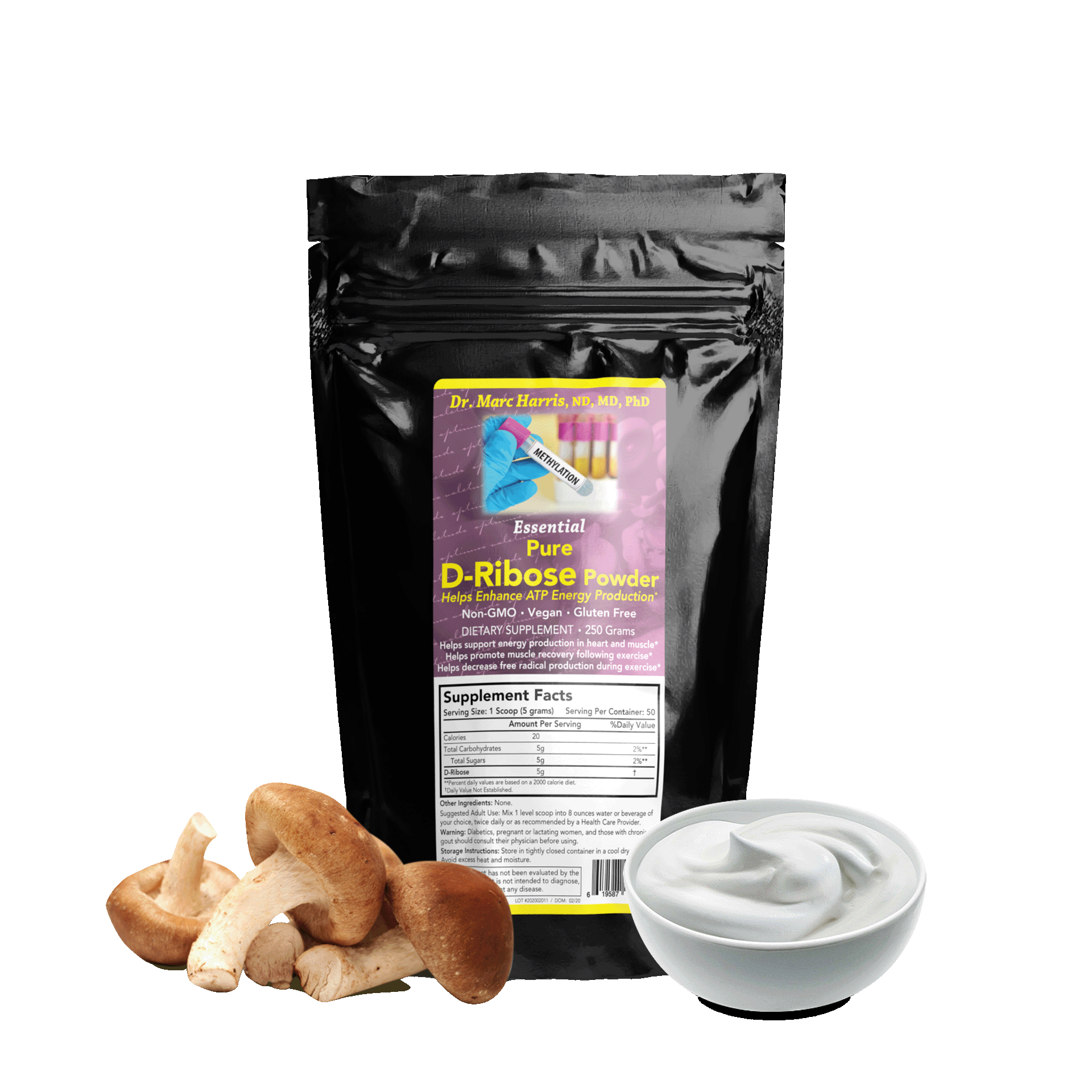 Image of a Bag of Essentials D-Ribose Powder. Around the bag are mushrooms and yogurt.