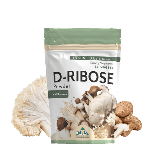 Image of a Bag of Essentials D-Ribose Powder. Around the bag are mushrooms and yogurt.