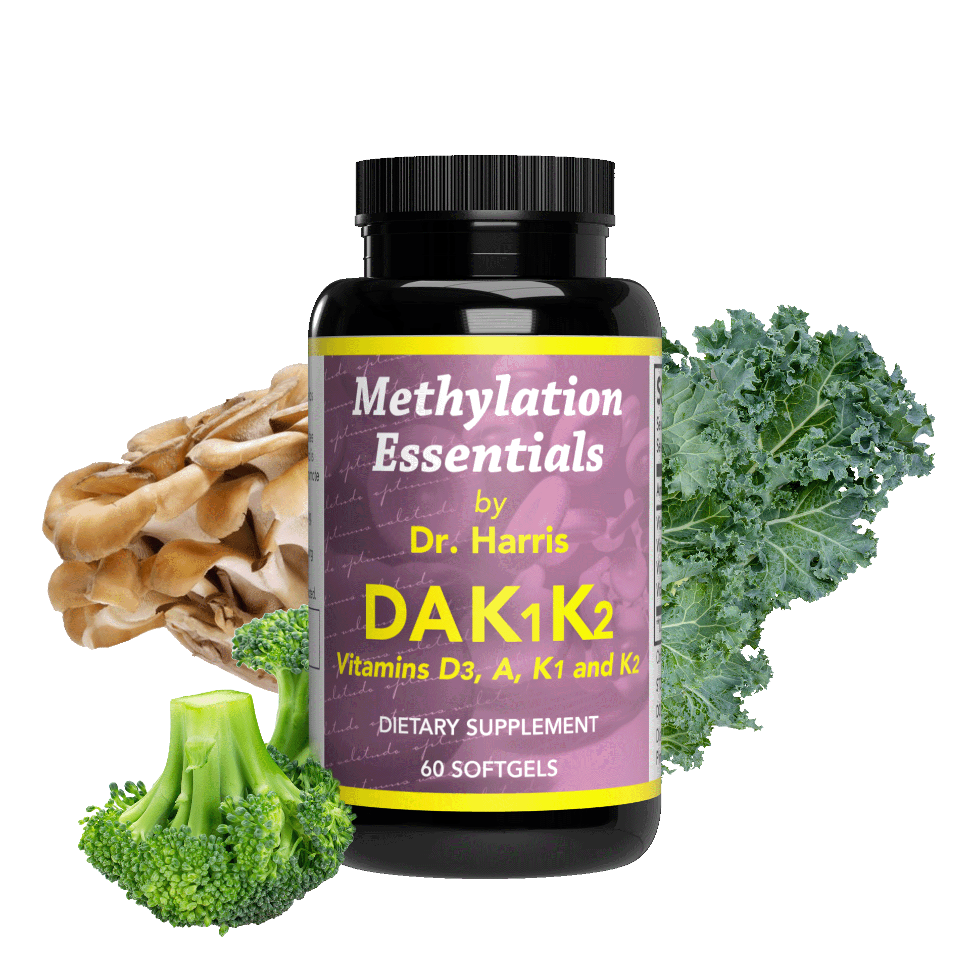 Image of a bottle of Essentials DAK1K2. Around the bottle are broccoli, kale, and mushrooms.