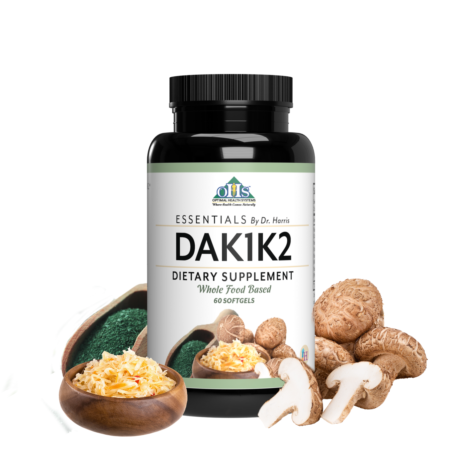Image of a bottle of Essentials DAK1K2. Around the bottle are sauerkraut, kale, and mushrooms.