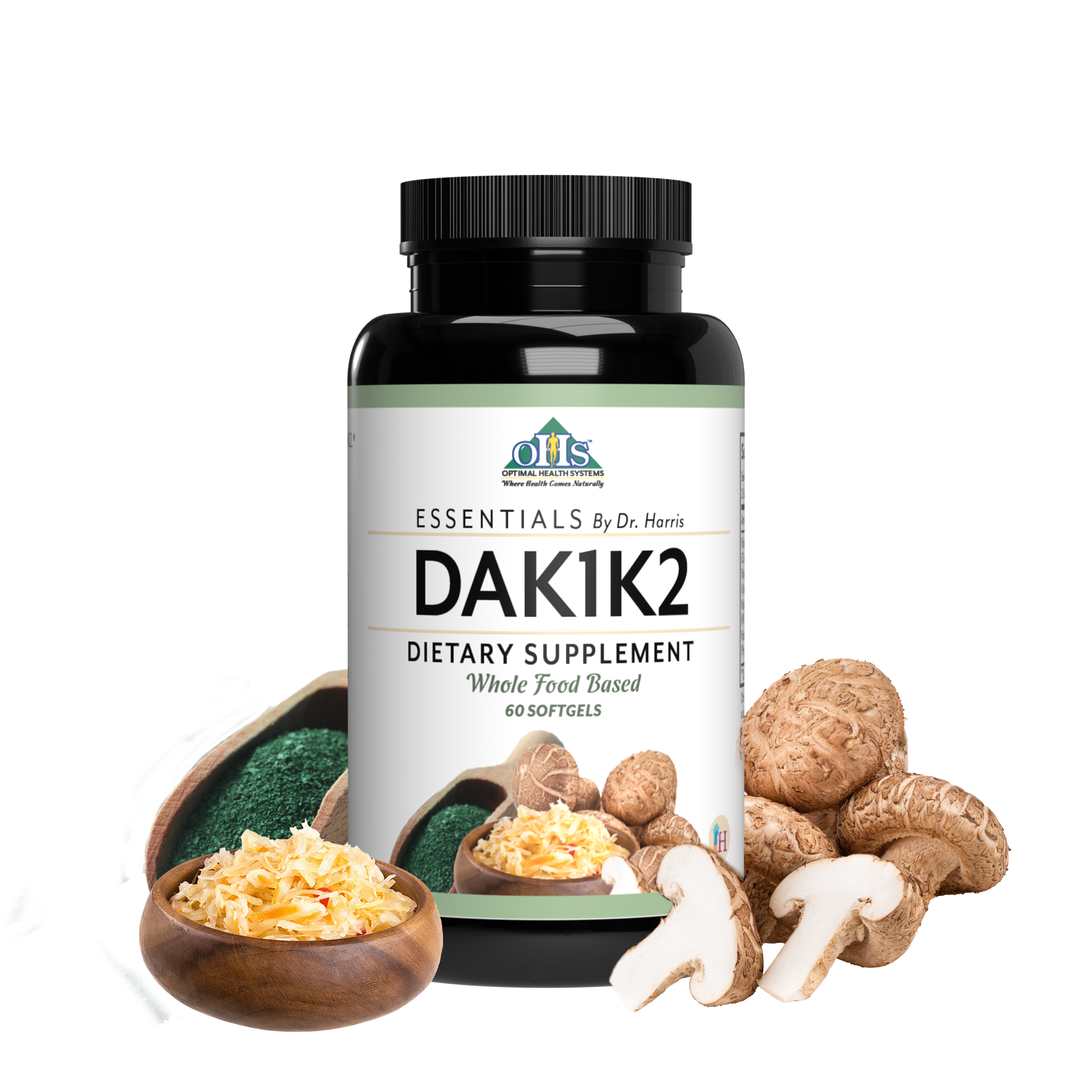 Image of a bottle of Essentials DAK1K2. Around the bottle are broccoli, kale, and mushrooms.