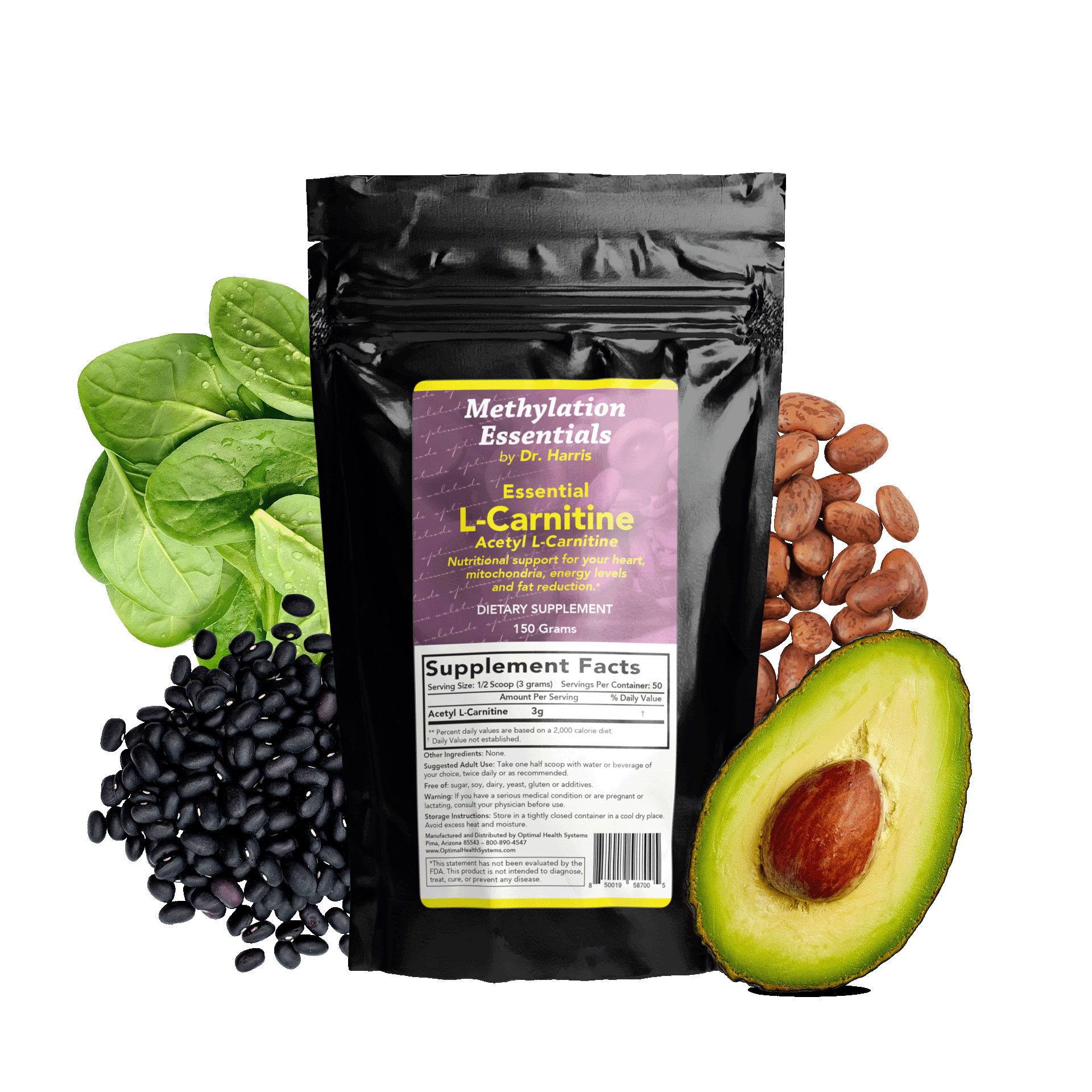 Image of a Bag of Essentials L-Carnitine Powder. Around the bag are avocados, spinach, black and brown beans.