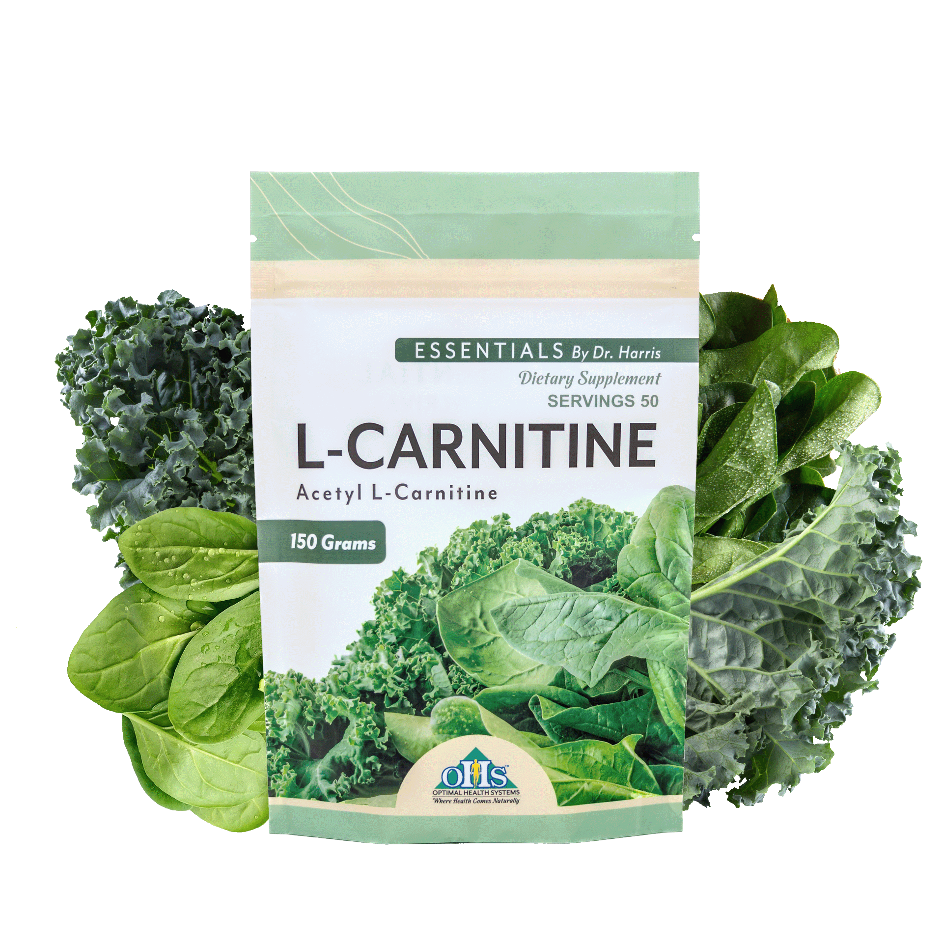 Image of a Bag of Essentials L-Carnitine Powder. Around the bag are avocados, spinach, black and brown beans.